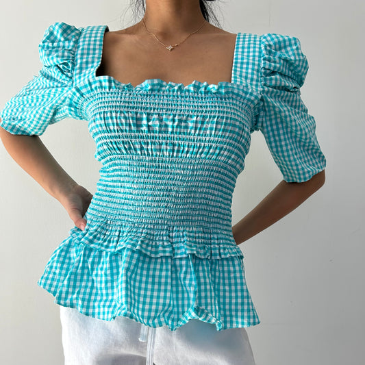 Amanda Uprichard Teal Gingham Smock Top - Large