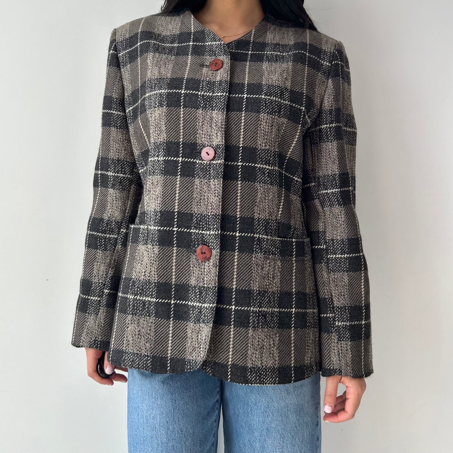 1990s Brown Plaid Pure Virgin Wool Blazer - Medium