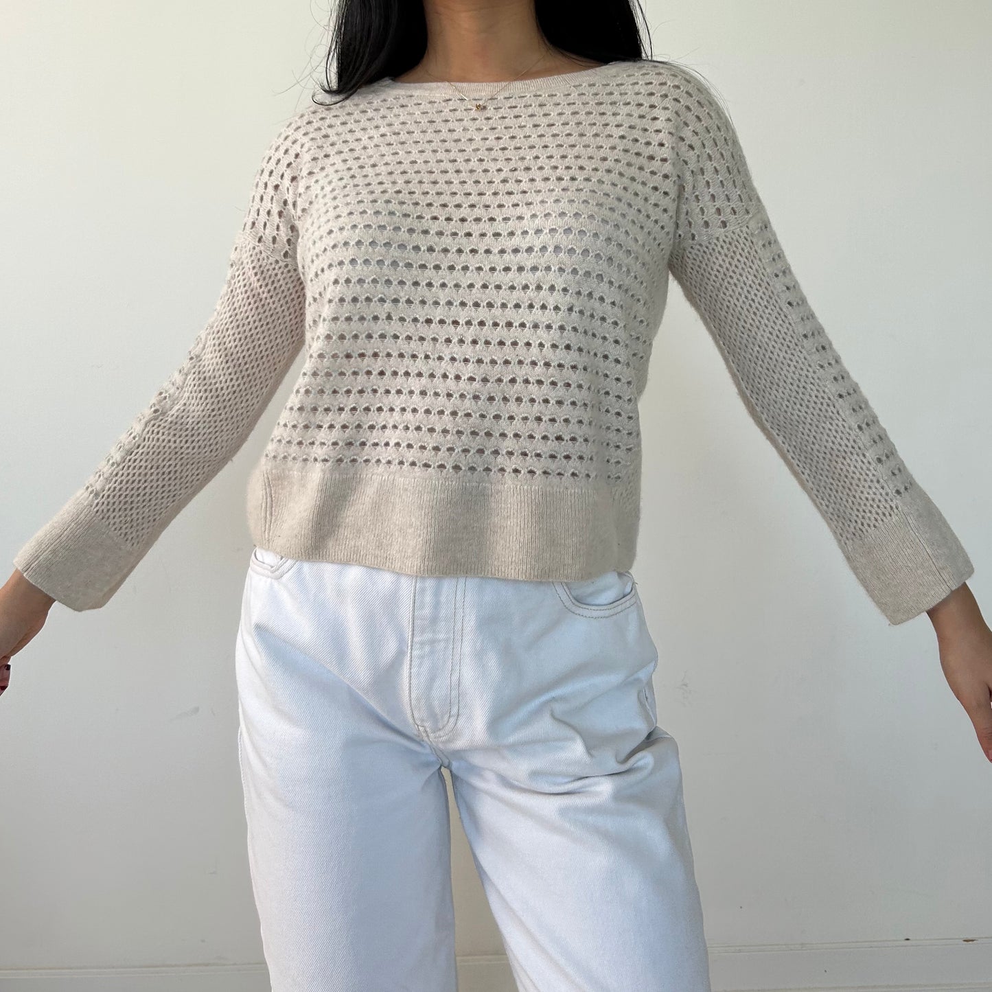 White + Warren Cream Open Knit Cashmere Jumper - Small