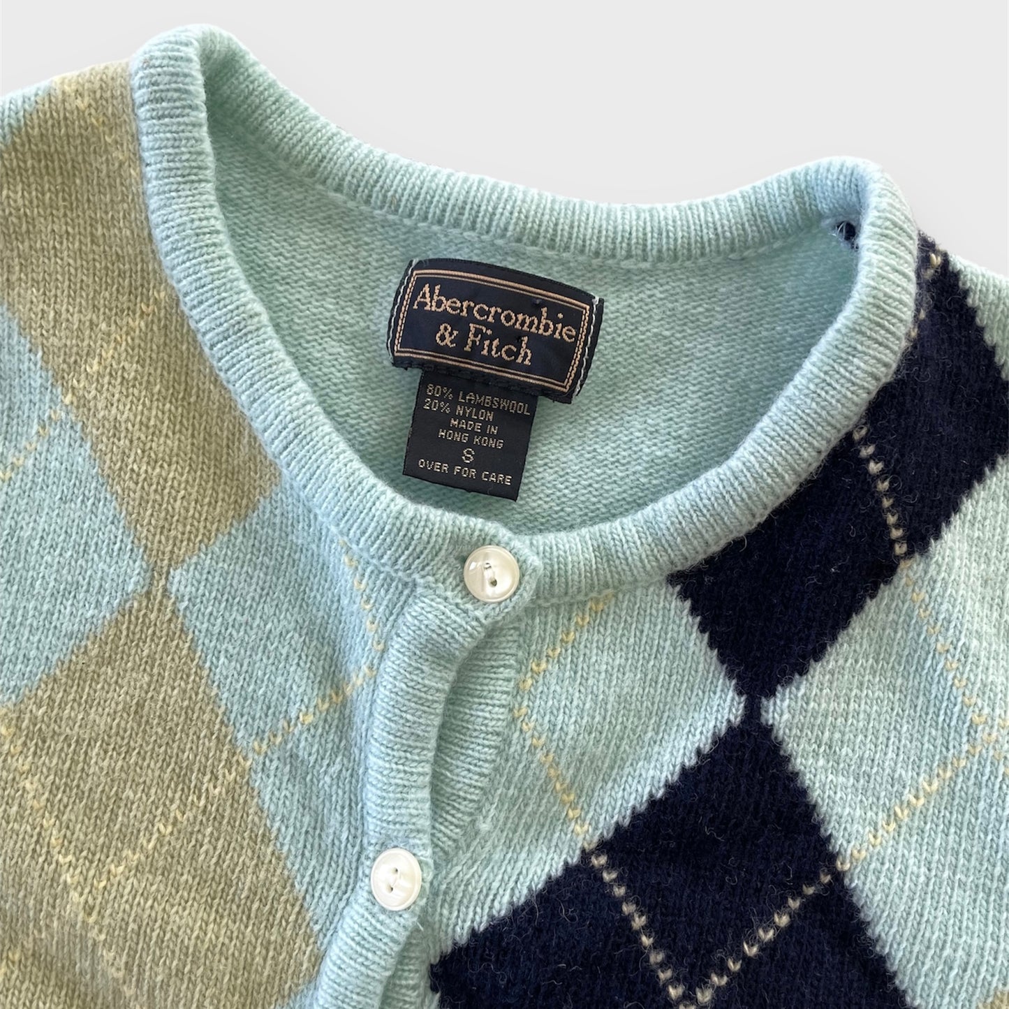 Vintage 90s Made in Hong Kong Abercrombie and Fitch Blue Wool Argyle Cardigan - X-Small