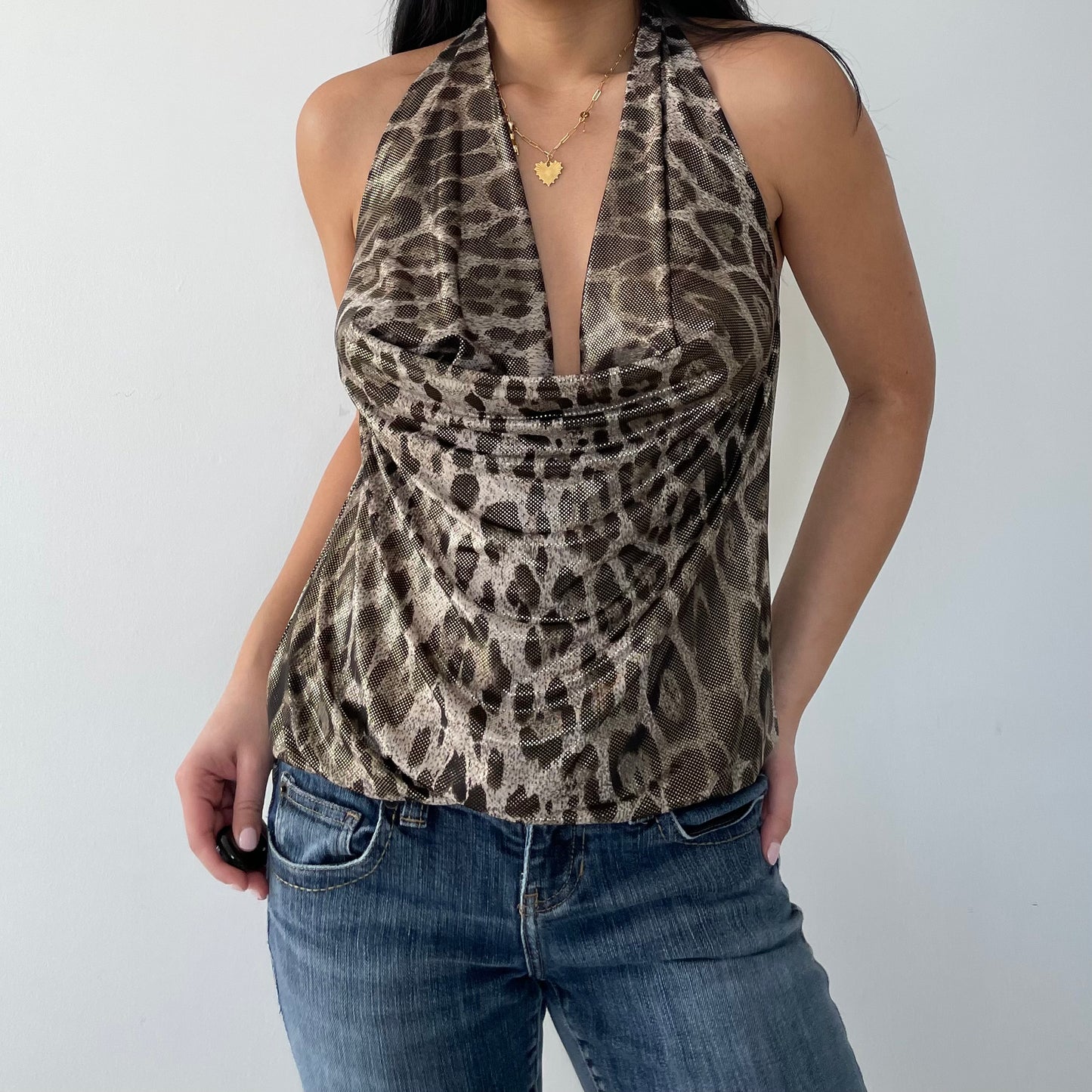 Leopard Print Halter Cowl Neck Top - Medium