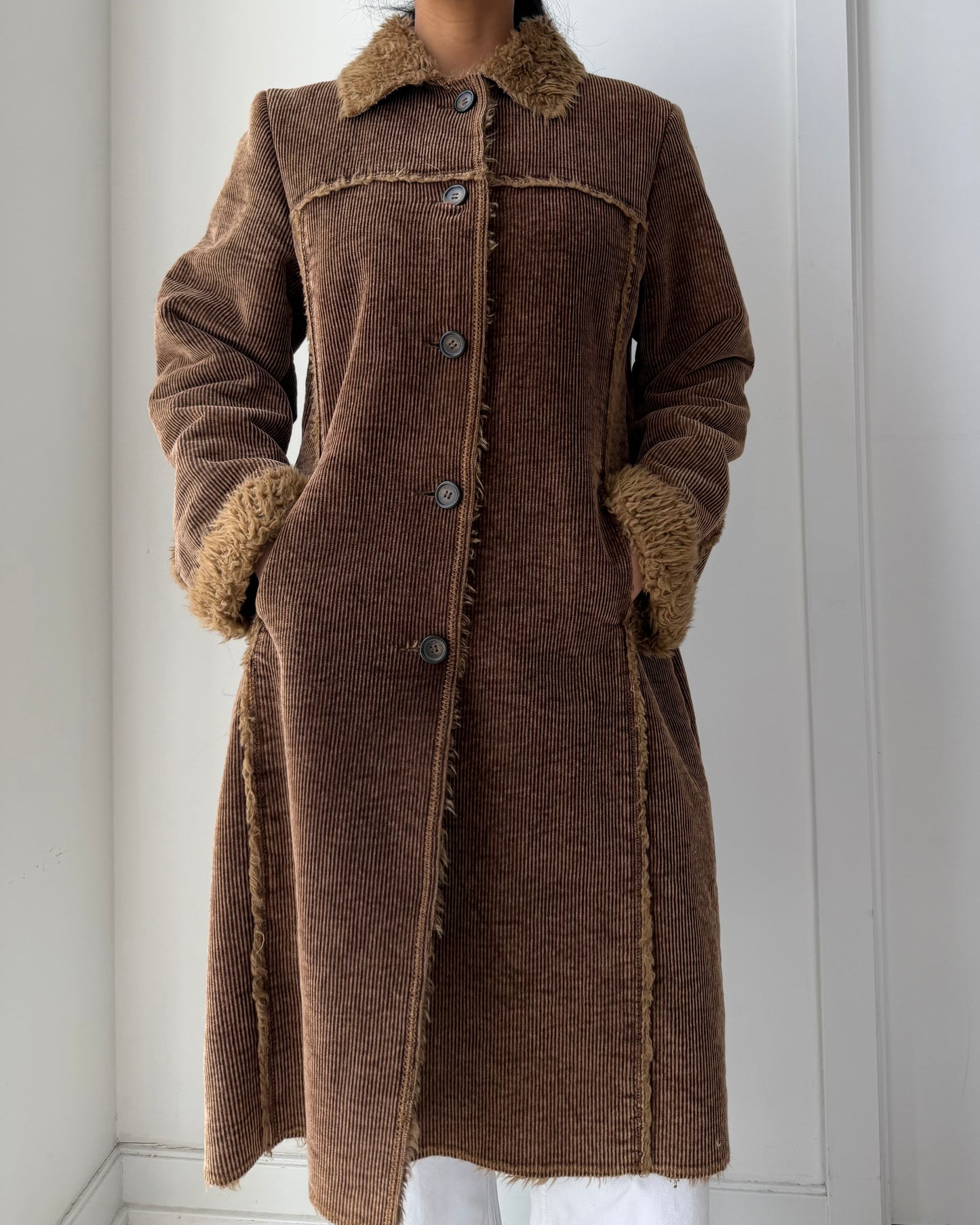 Quickreflex Brown Corduroy Faux Fur Trim Coat - Medium