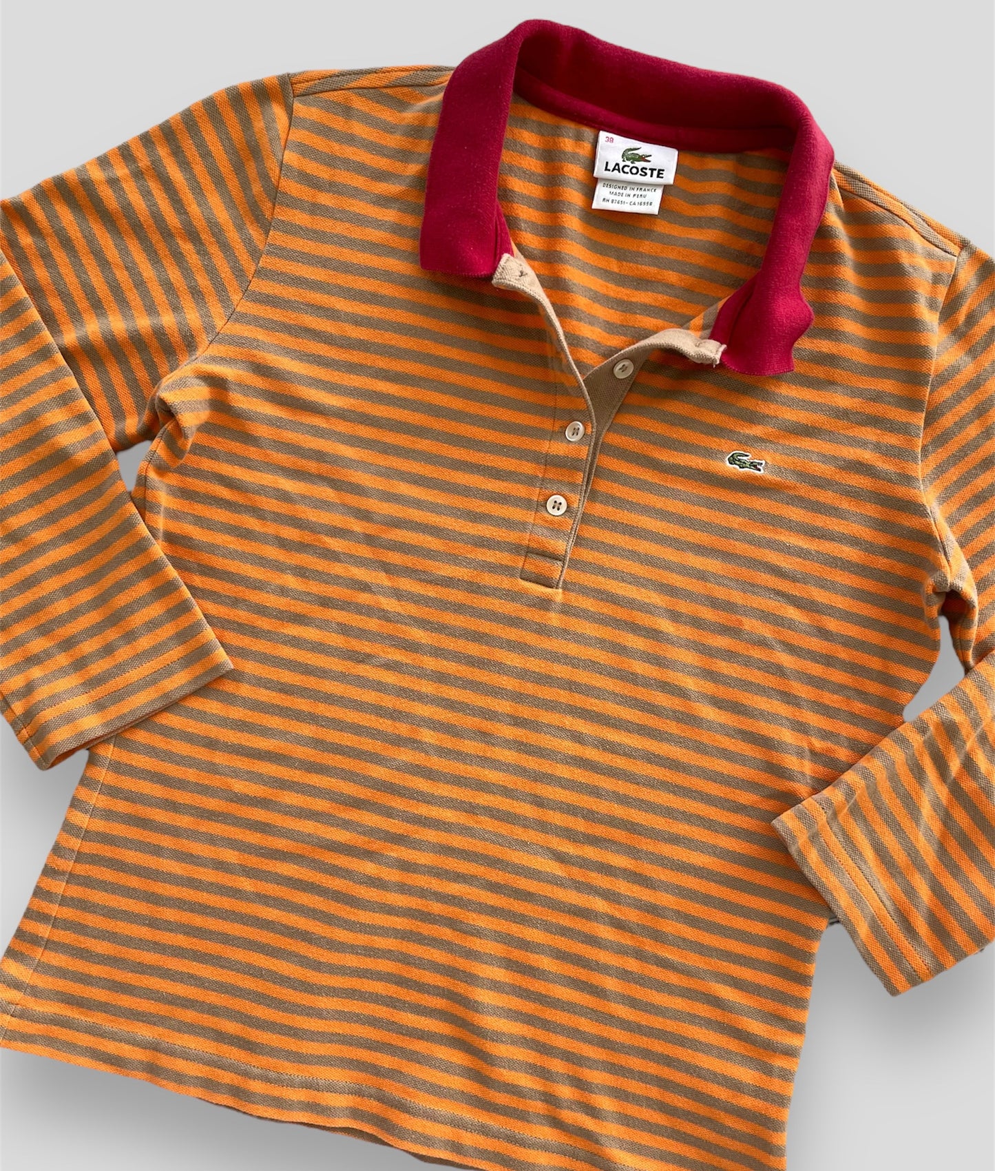 Lacoste Orange and Brown Striped 3/4 Sleeve Polo Shirt - Medium