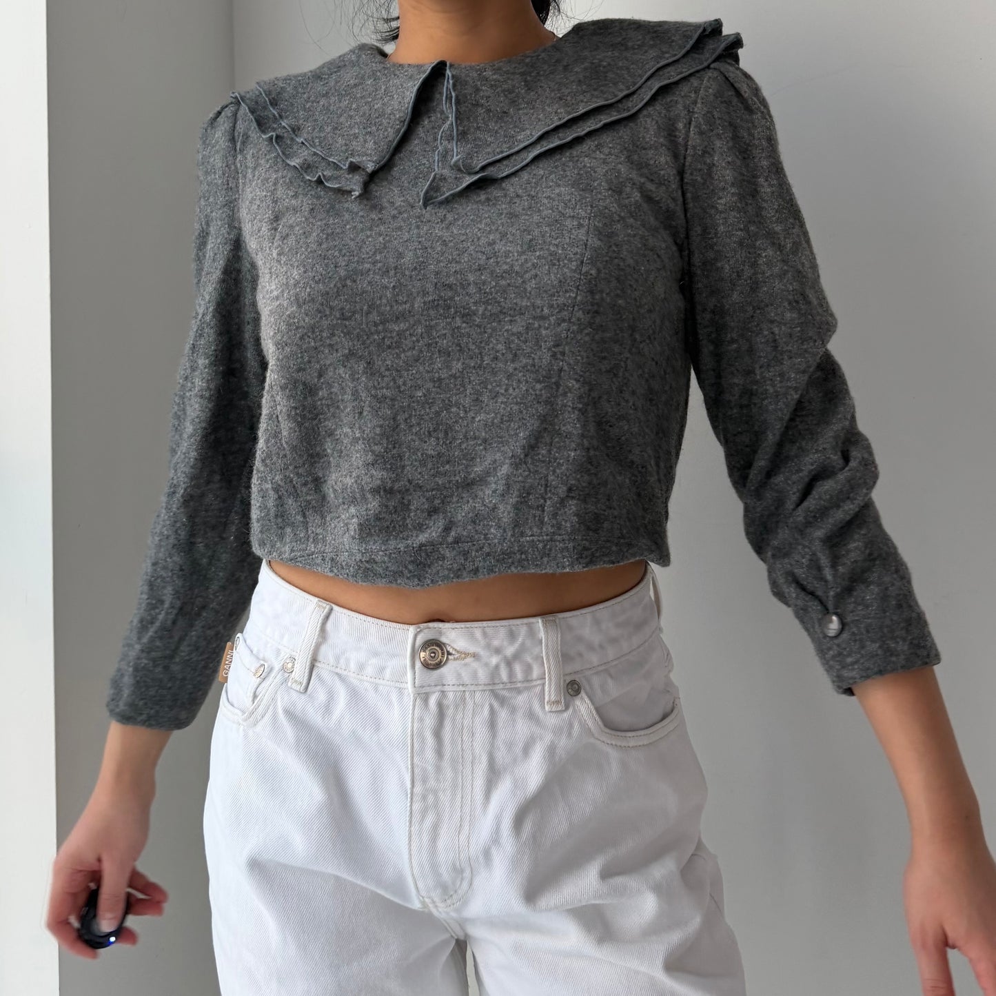 Made in Japan Grey Peter Pan Collar Wool Blend Knit Top - X-Small