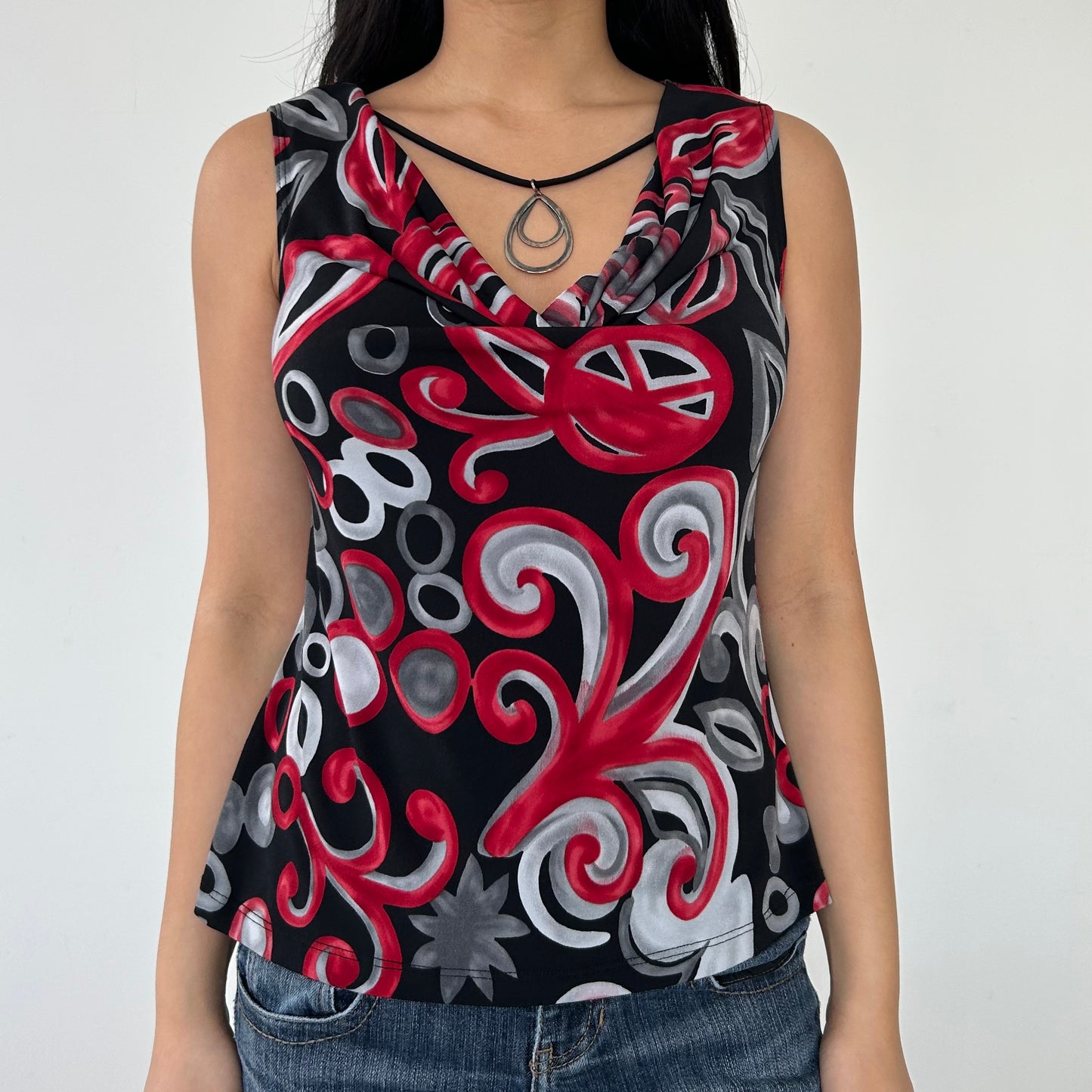 Vintage 90s Abstract Print Cowl Neck Top with Built-In Necklace - Medium