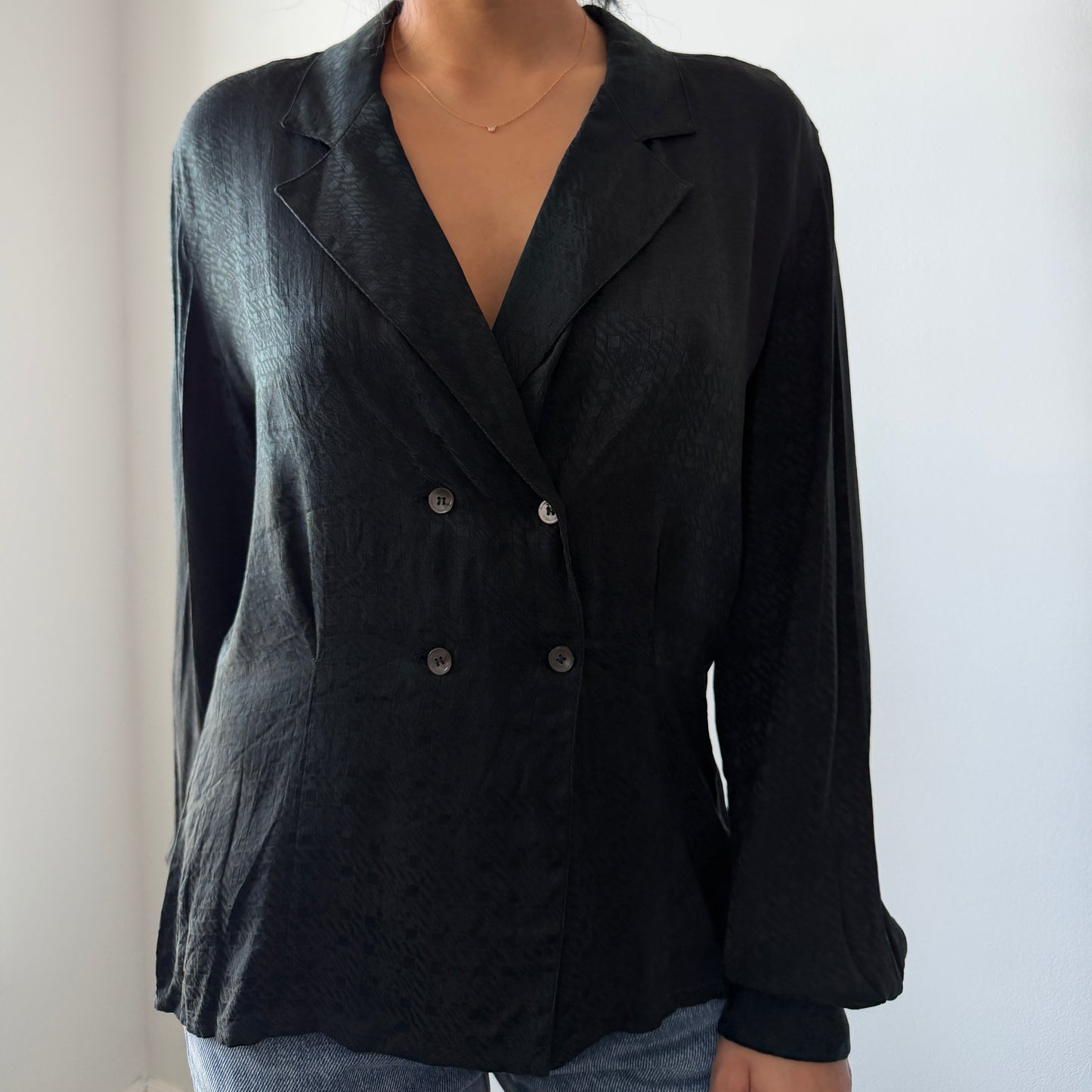1980s Christian Dior Separates Black Double Breasted Silk Blouse - Large