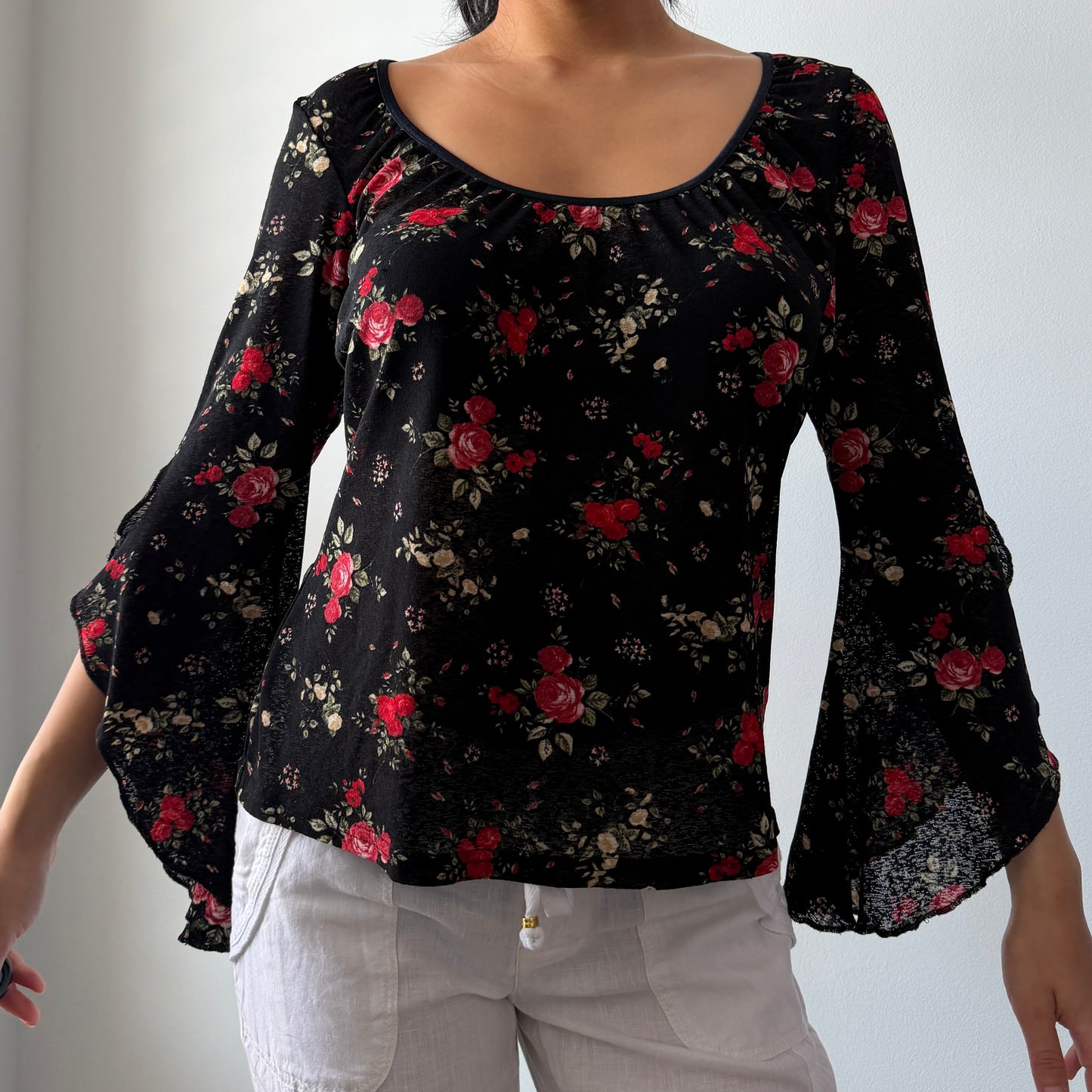 Per Una Black Floral Bell-Sleeve Blouse - Large