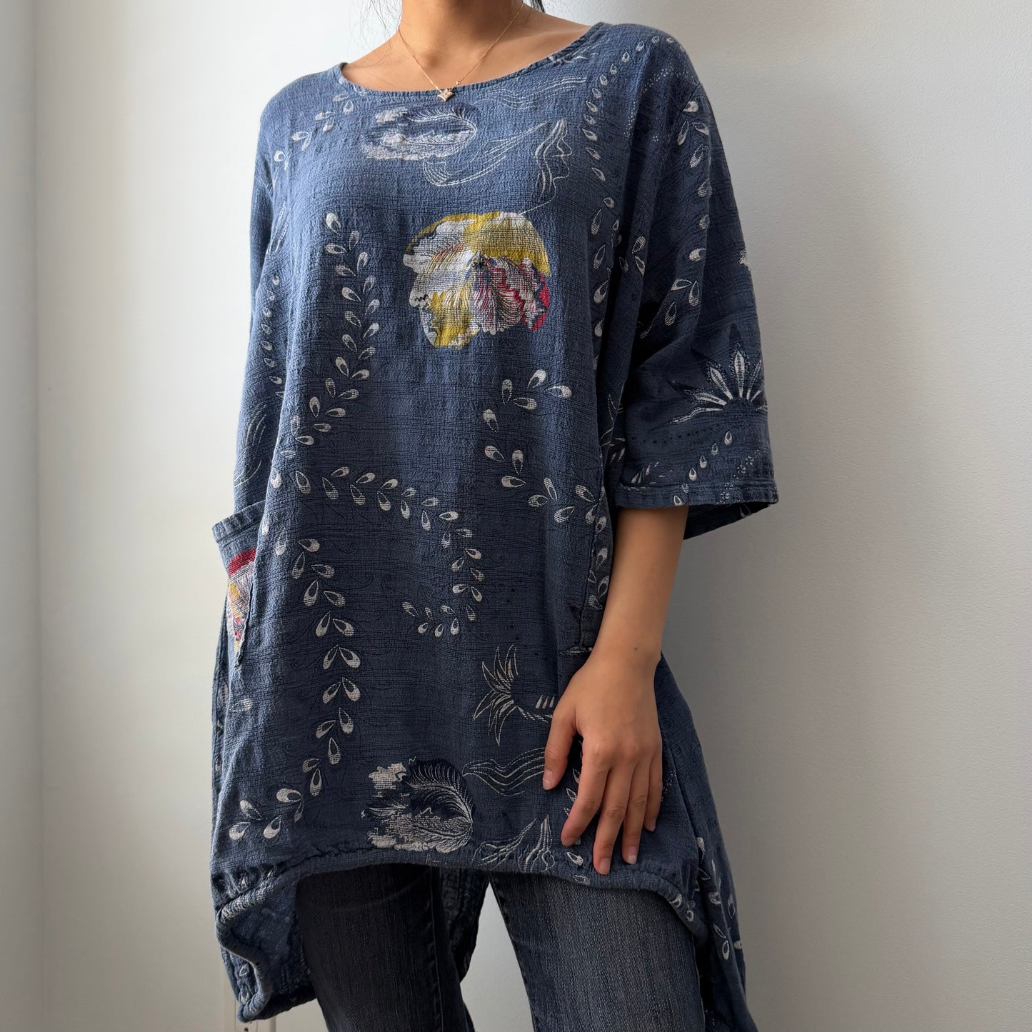 Made in Italy Blue Short Sleeve Floral Tunic - X-Large
