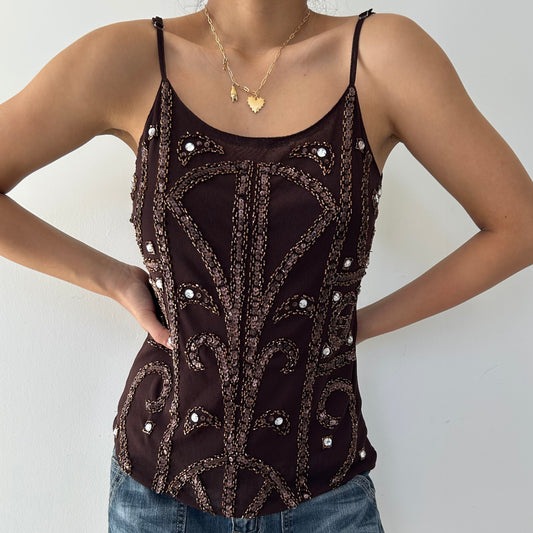 Brown Beaded Mesh Tank - Large