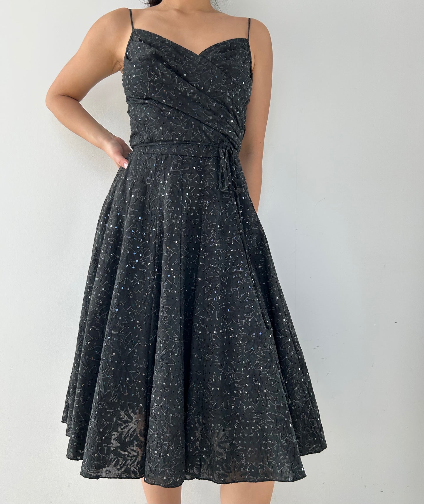 Rubber Ducky Productions Black Sequin Wrap Fit and Flare Dress - X-Small