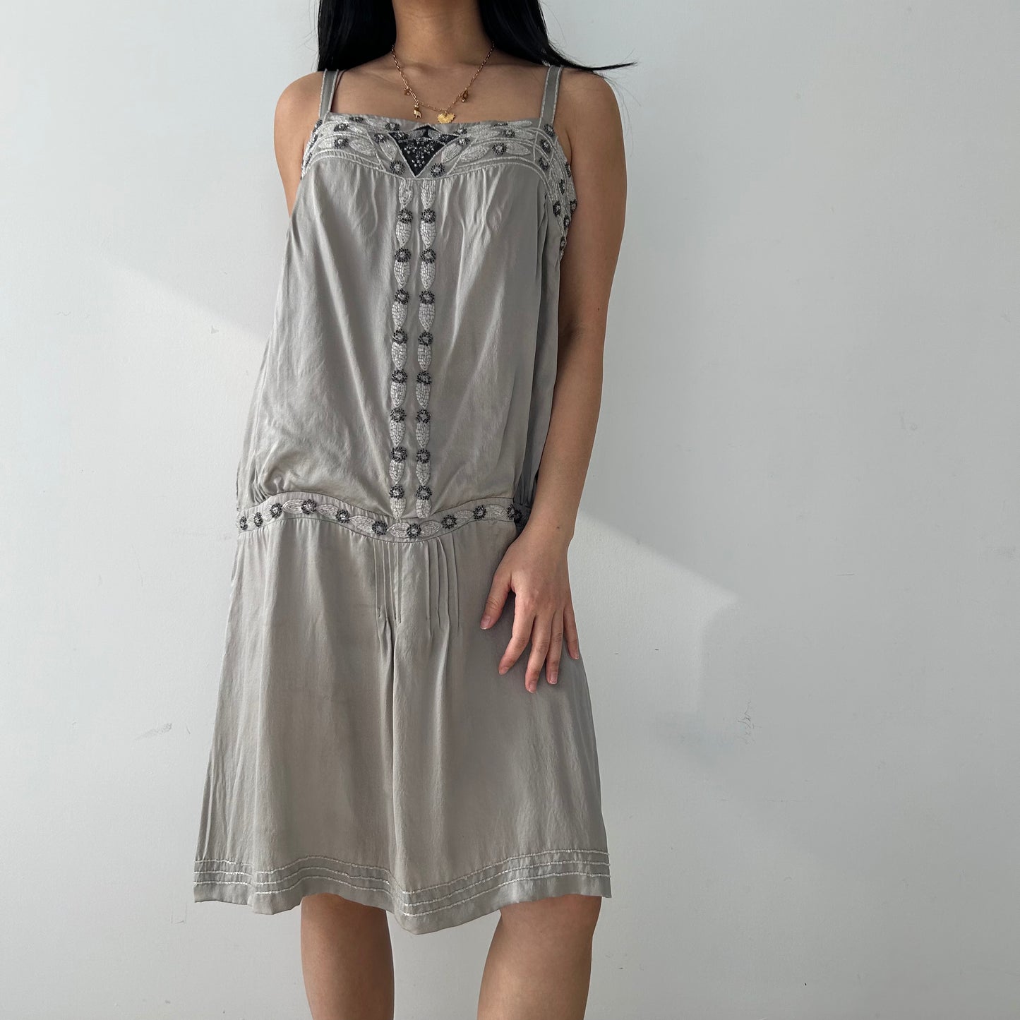 Massimo Dutti Silver Embellished Silk Dress - Large