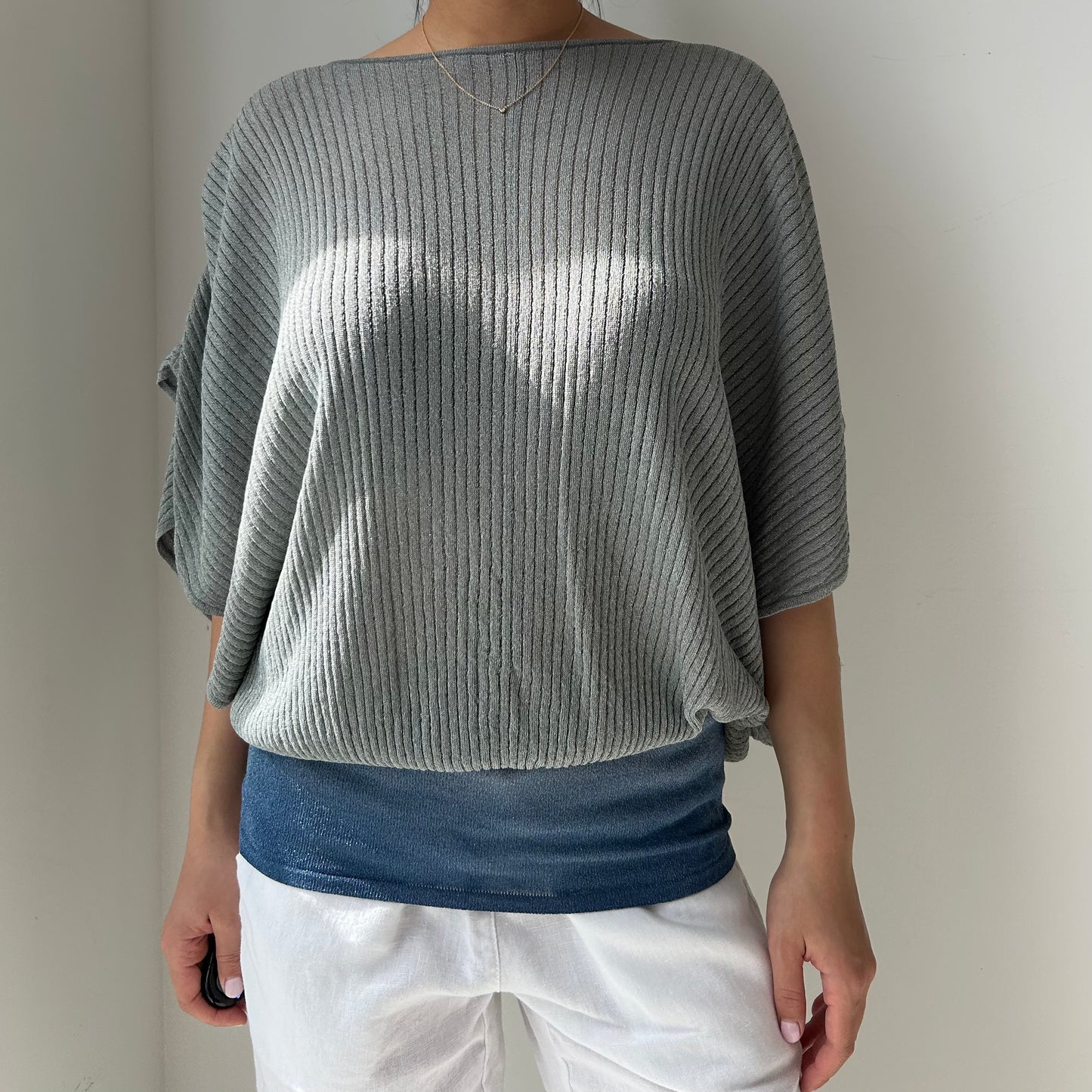 Metallic Rib Knit Open Back Top - Small