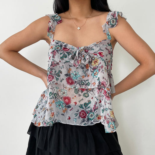 Old Label Zara Grey Floral Knot Front Ruffle Blouse - Small