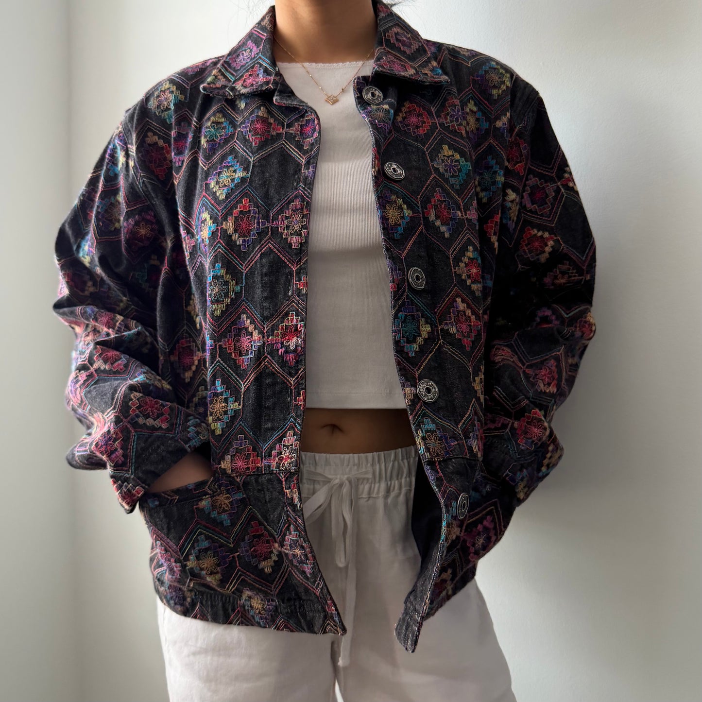 1990s Chico's Design Embroidered Denim Jacket - Medium