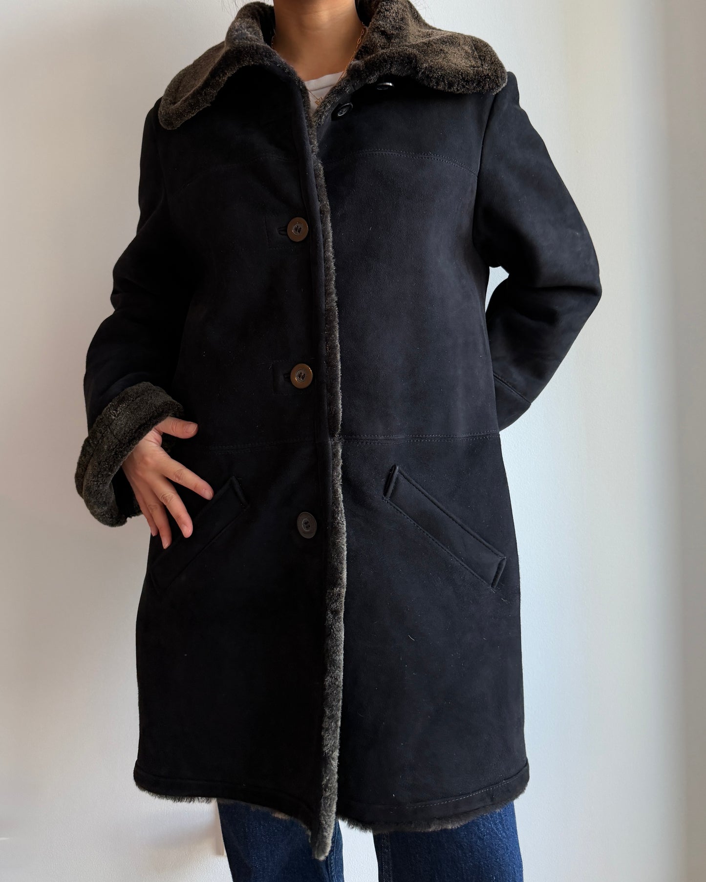Danier Black Sheepskin Shearling Coat - Medium