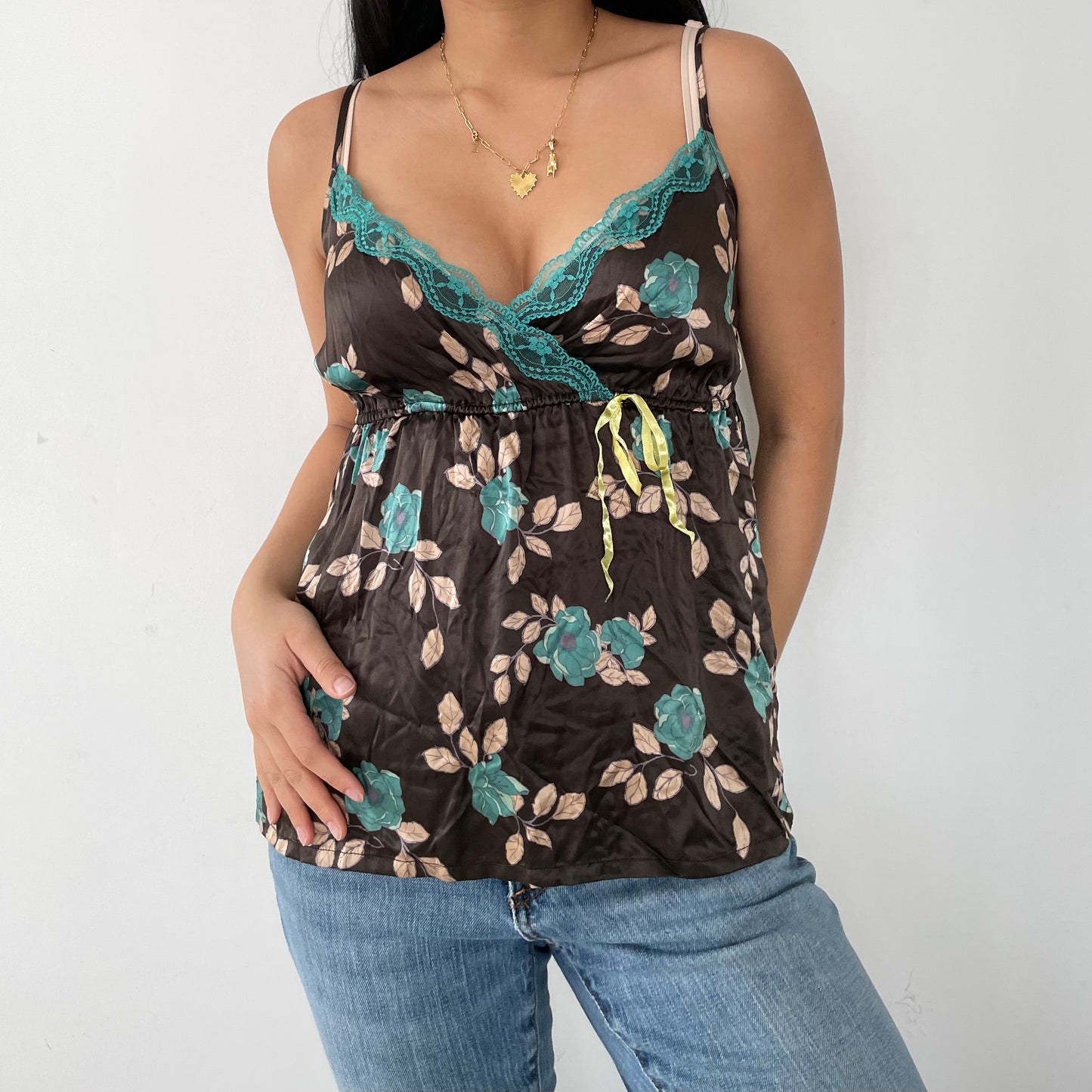 2000s H&M Blue and Brown Floral Silk Cami - Medium