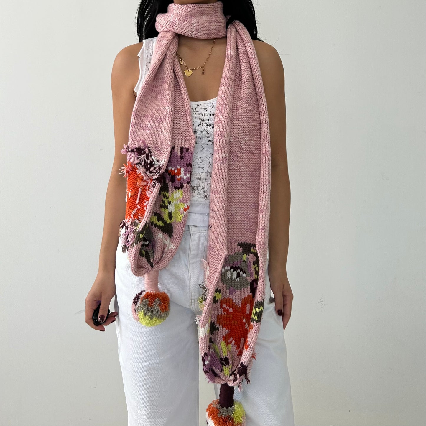 DKNY Pink Pom Pom Knit Scarf