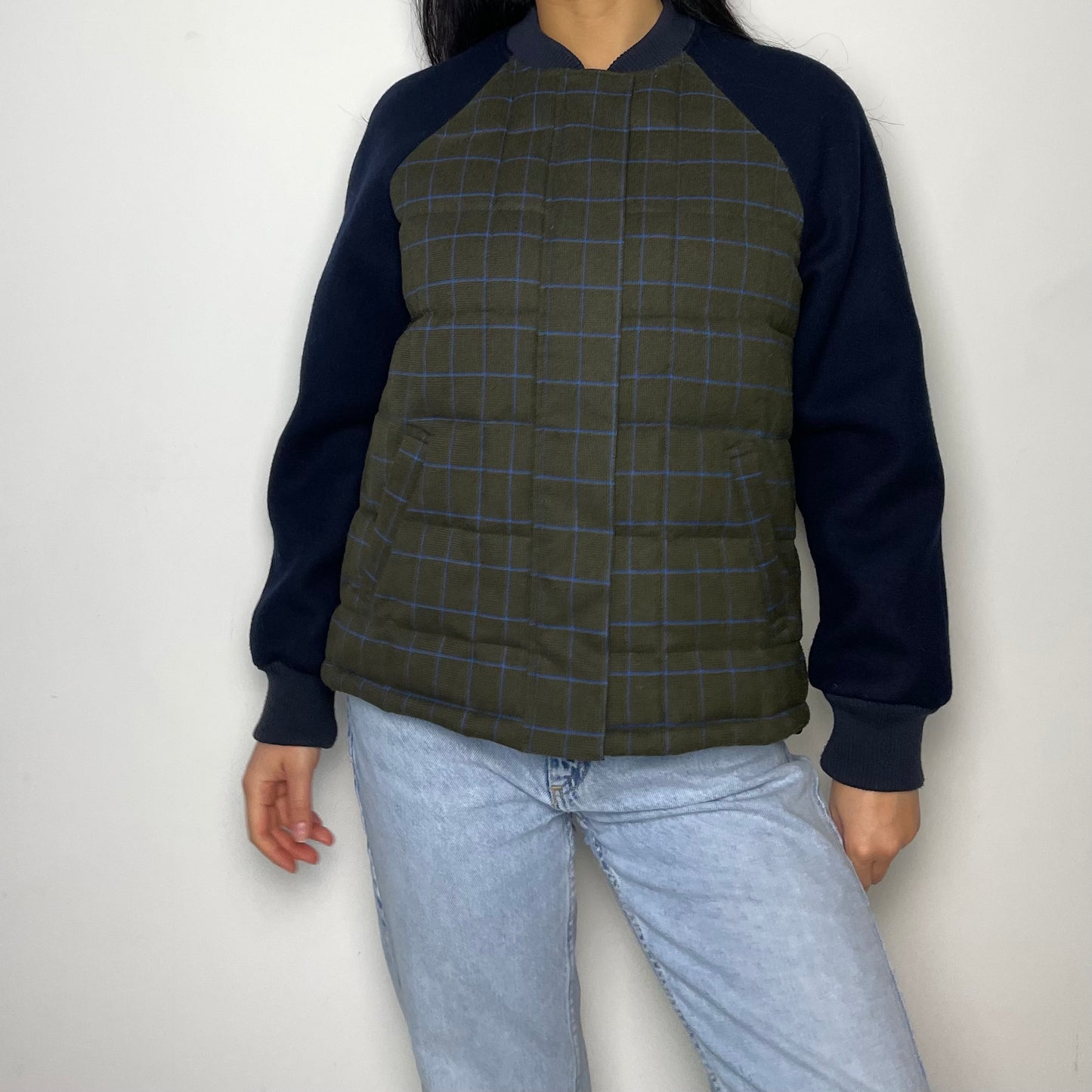 BEAMS Quilted Green and Navy Wool Blend Bomber Jacket - Small