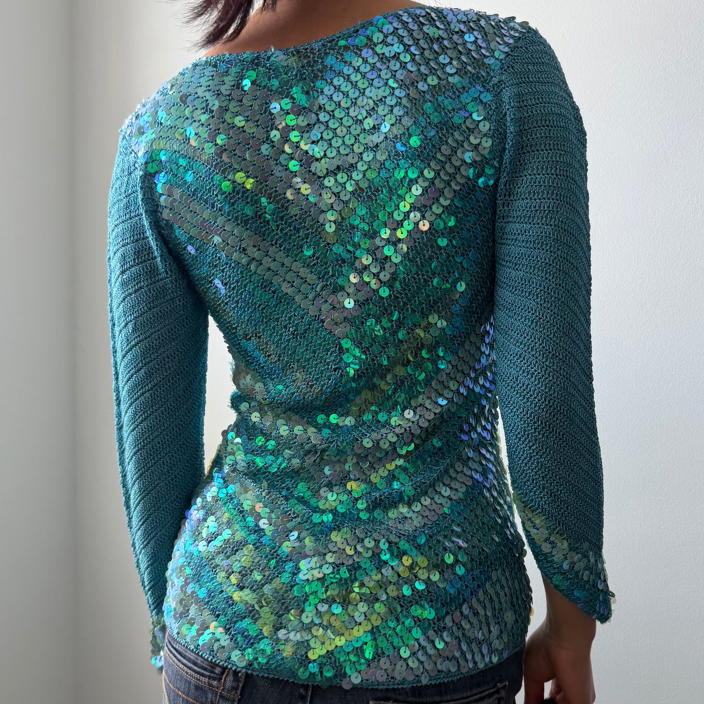 Turquoise Sequin Knit Cardigan - X-Small