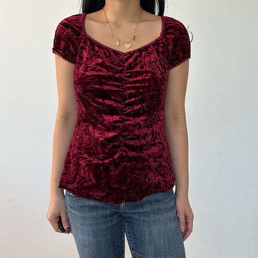 Vintage Made in Canada Deep Red Crushed Velvet Short-Sleeve Top - Large