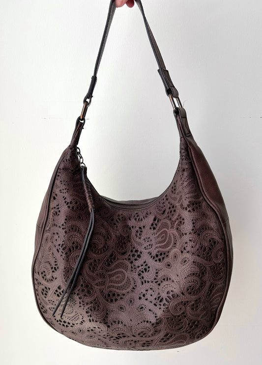 Danier Brown Embroidered Leather Hobo Bag