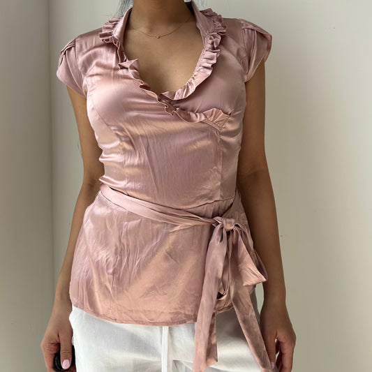 Le Château Pink Ruffle Trim Silk Short Sleeve Wrap Top - X-Small