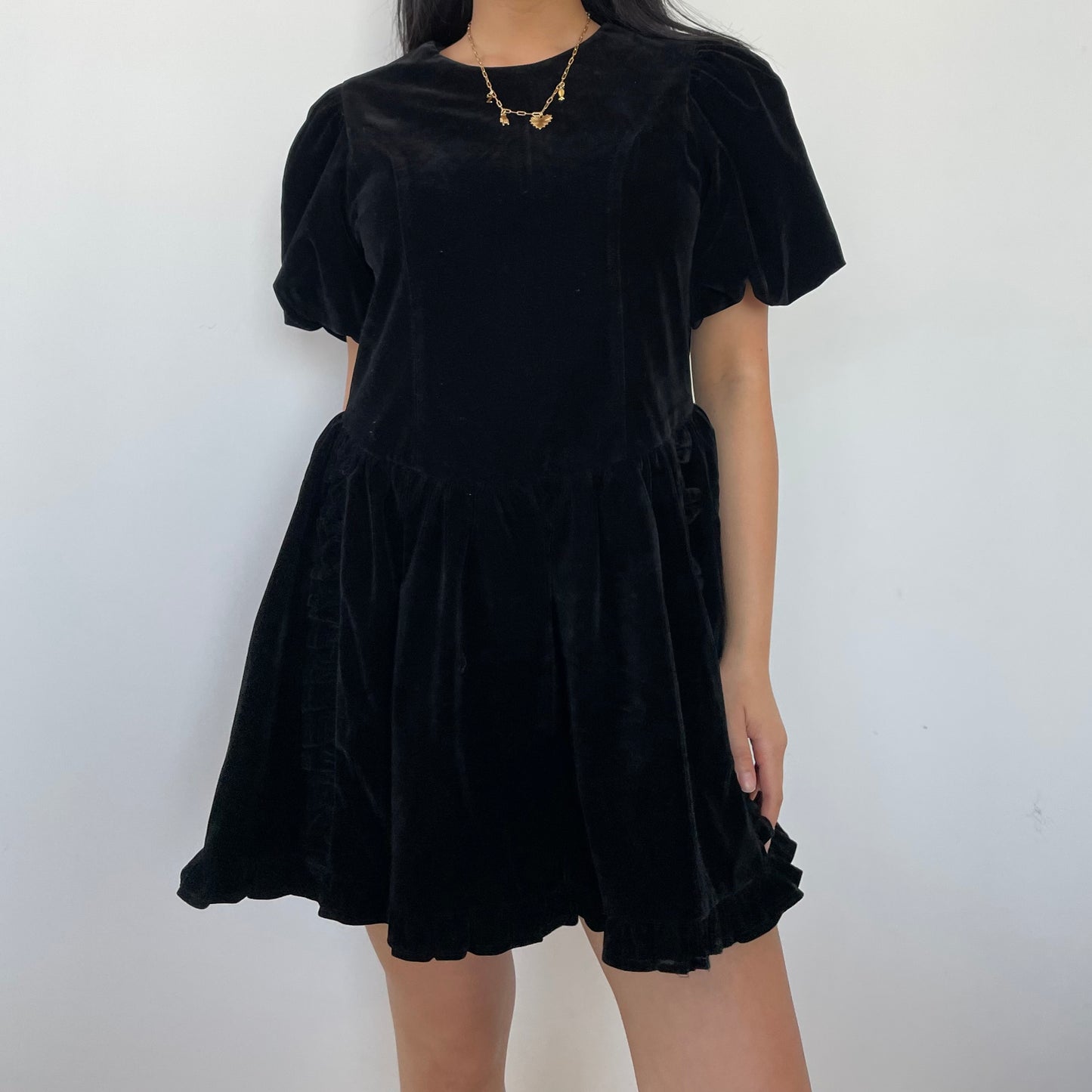 Black Velvet Short Sleeve Babydoll Dress - Small