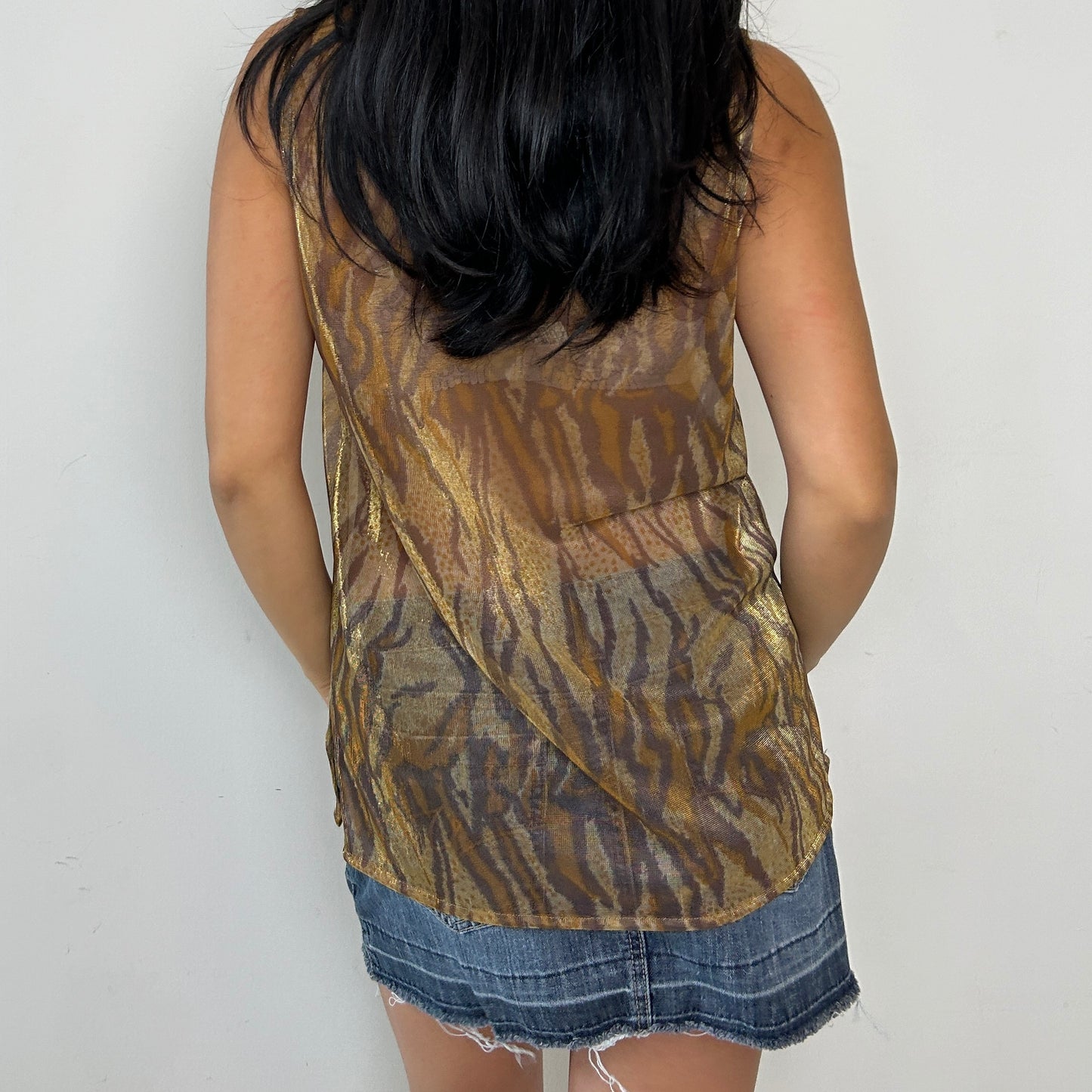 Vintage 1990s Chagall Gold Tiger Print Sheer Mesh Tank - Large