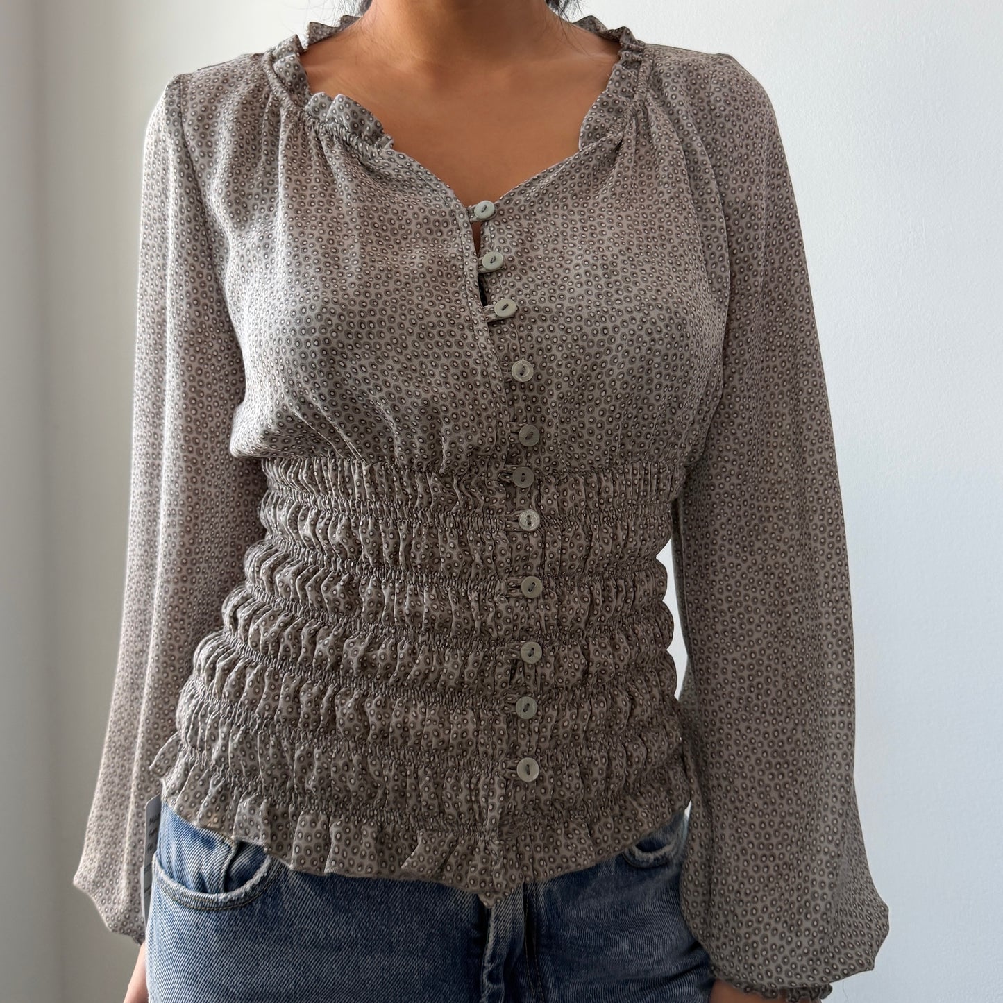 Trucco Grey Patterned Long Sleeve Smocked Blouse - X-Small