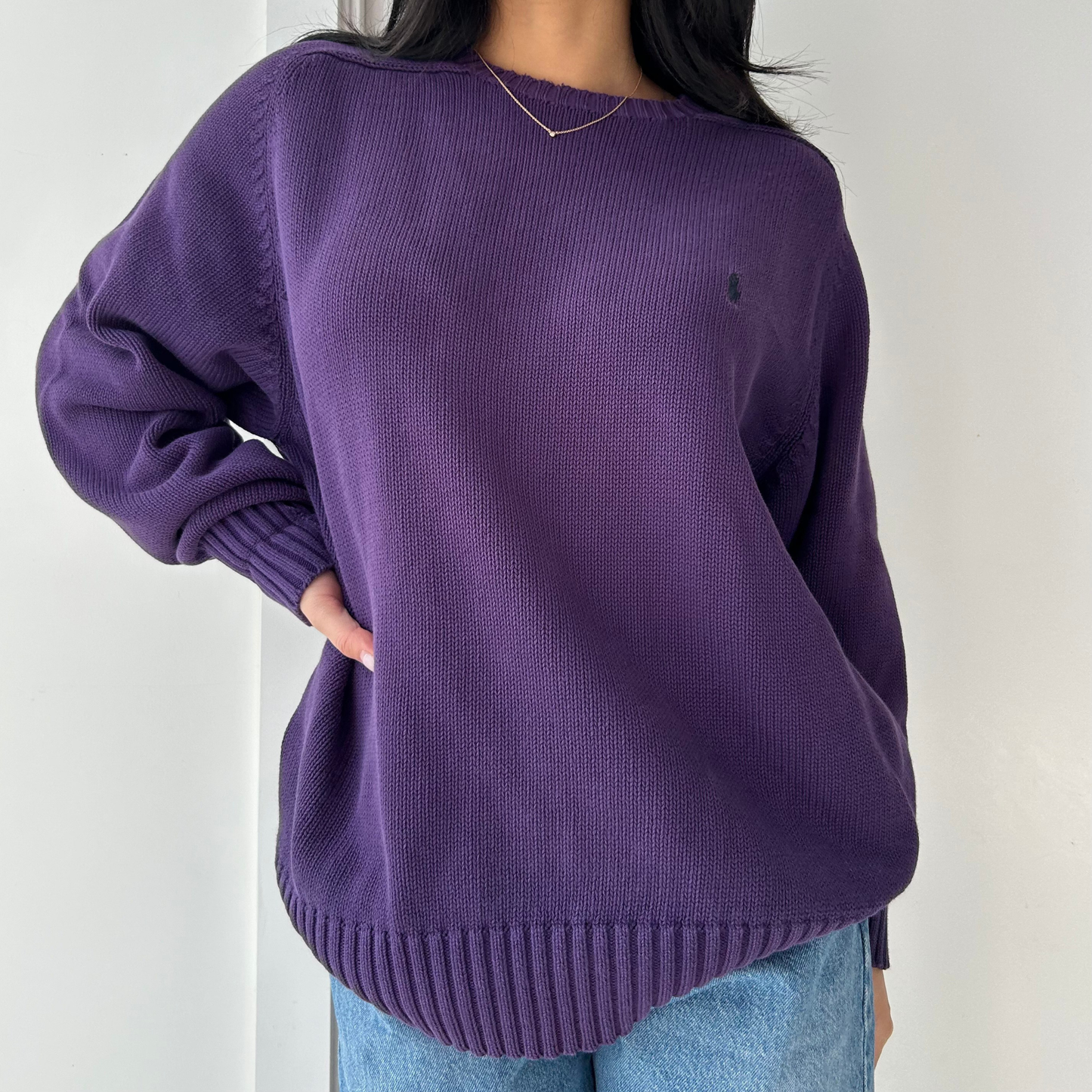Vintage 1980s Polo Ralph Lauren Purple Crewneck Knit Jumper - Large