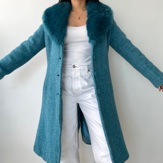 Fairweather Teal Fur Trim Wool Blend Coat - X-Small