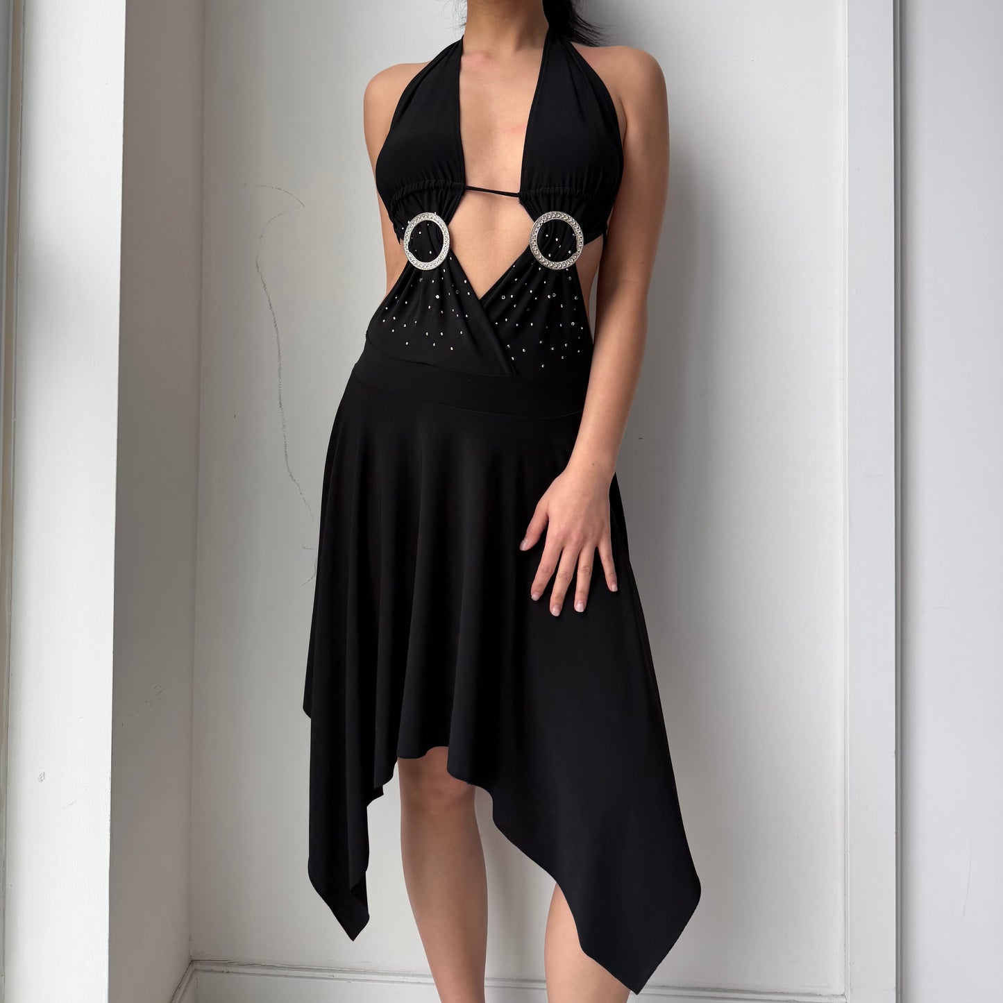 2000s Made in USA Black Crystal Ring Cutout Handkerchief Dress - Small