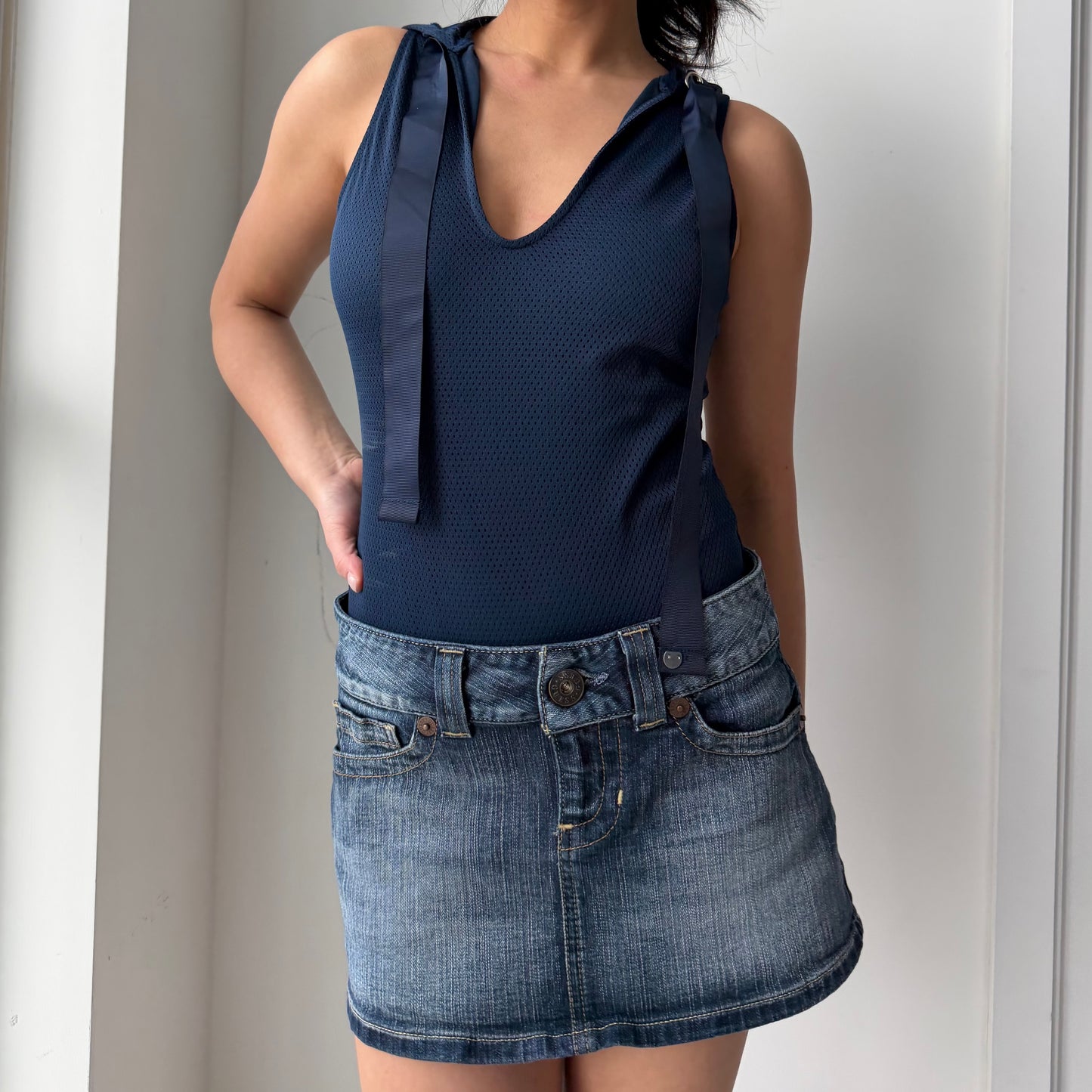 True Religion Navy Mesh Knit Hooded Bodysuit - X-Small