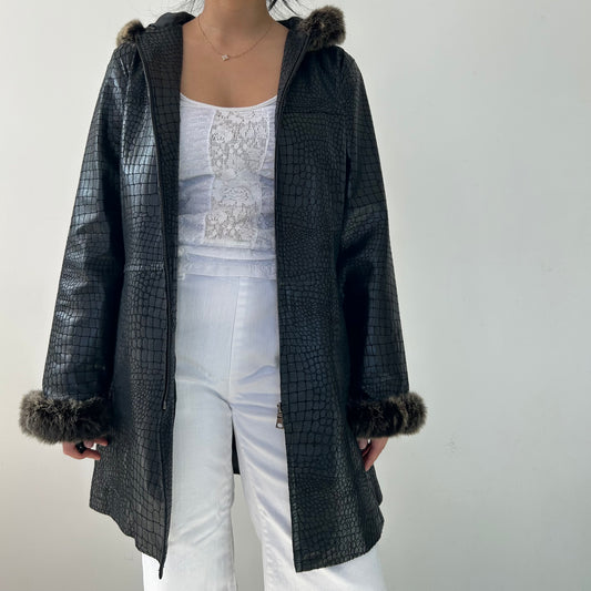 Black Embossed Leather Coat with Rabbit Fur Trim - Medium