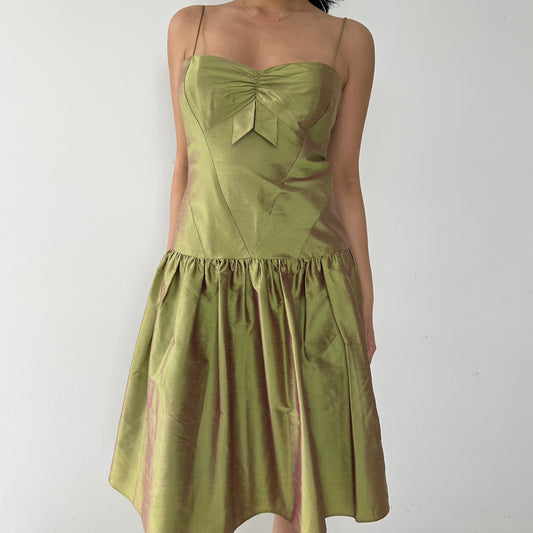 Vintage 90s Made in USA Nicole Miller Green Silk Drop Waist Mini Dress - Small