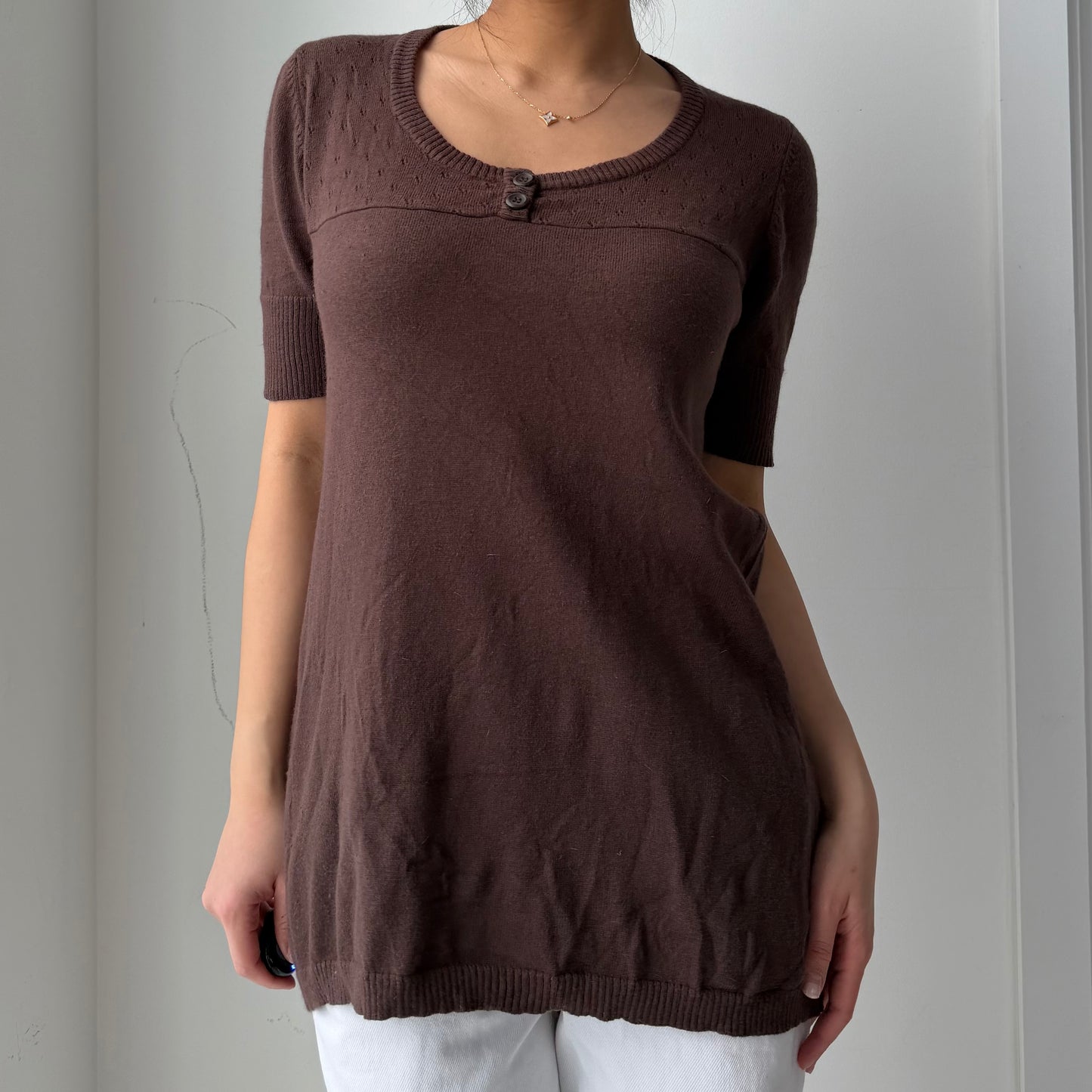 Old Label Garage Brown Angora Blend Short Sleeve Babydoll Top - Large