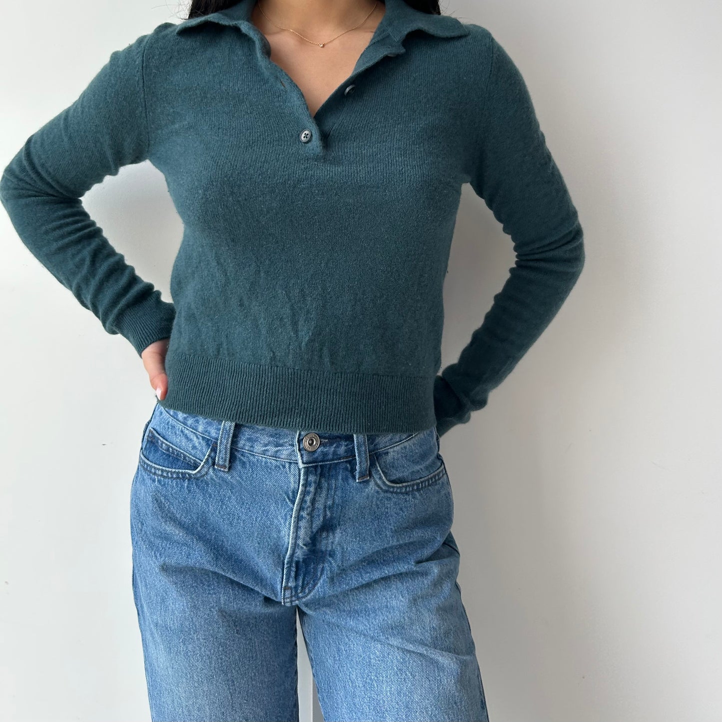 Wilfred Teal Long Sleeve Cropped Polo 100% Cashmere Sweater - Small