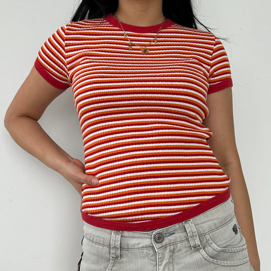 Esprit Red, Orange, and White Striped Ringer Tee - Small