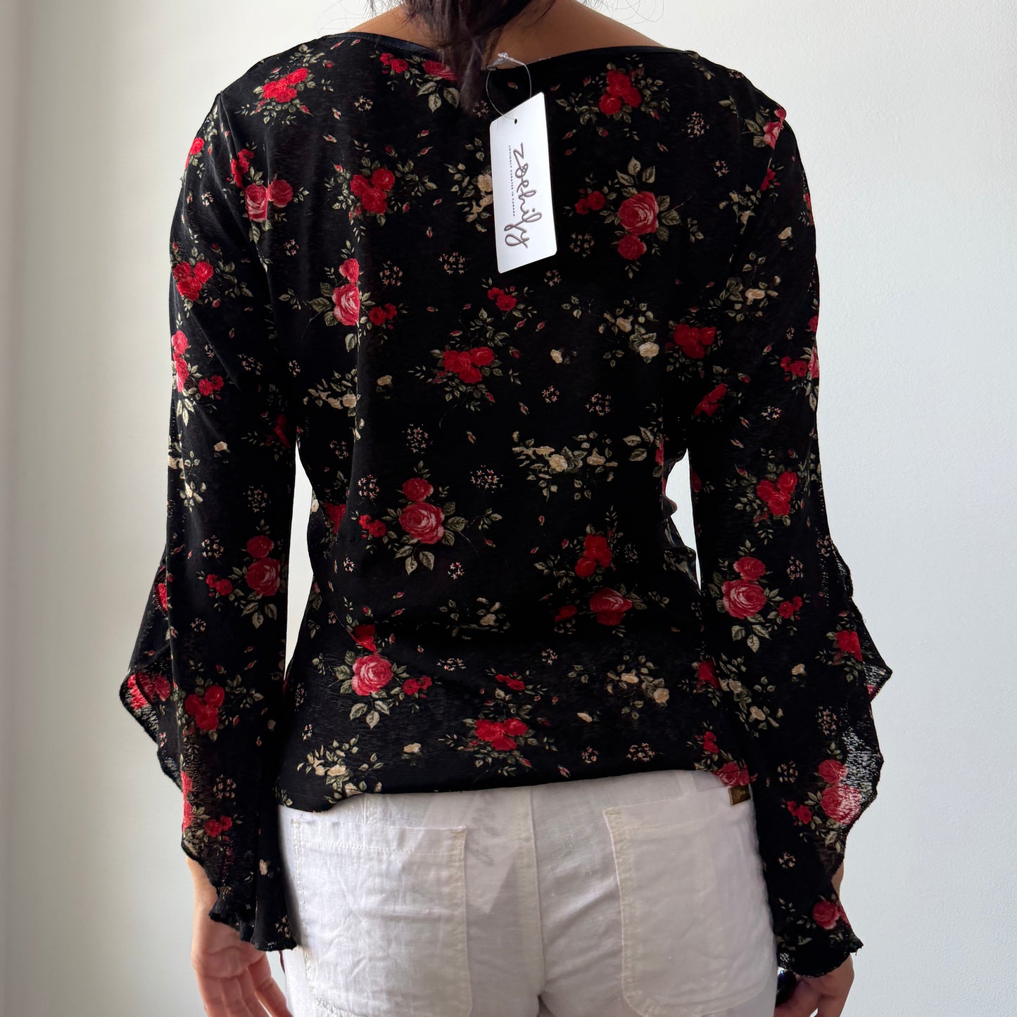 Per Una Black Floral Bell-Sleeve Blouse - Large