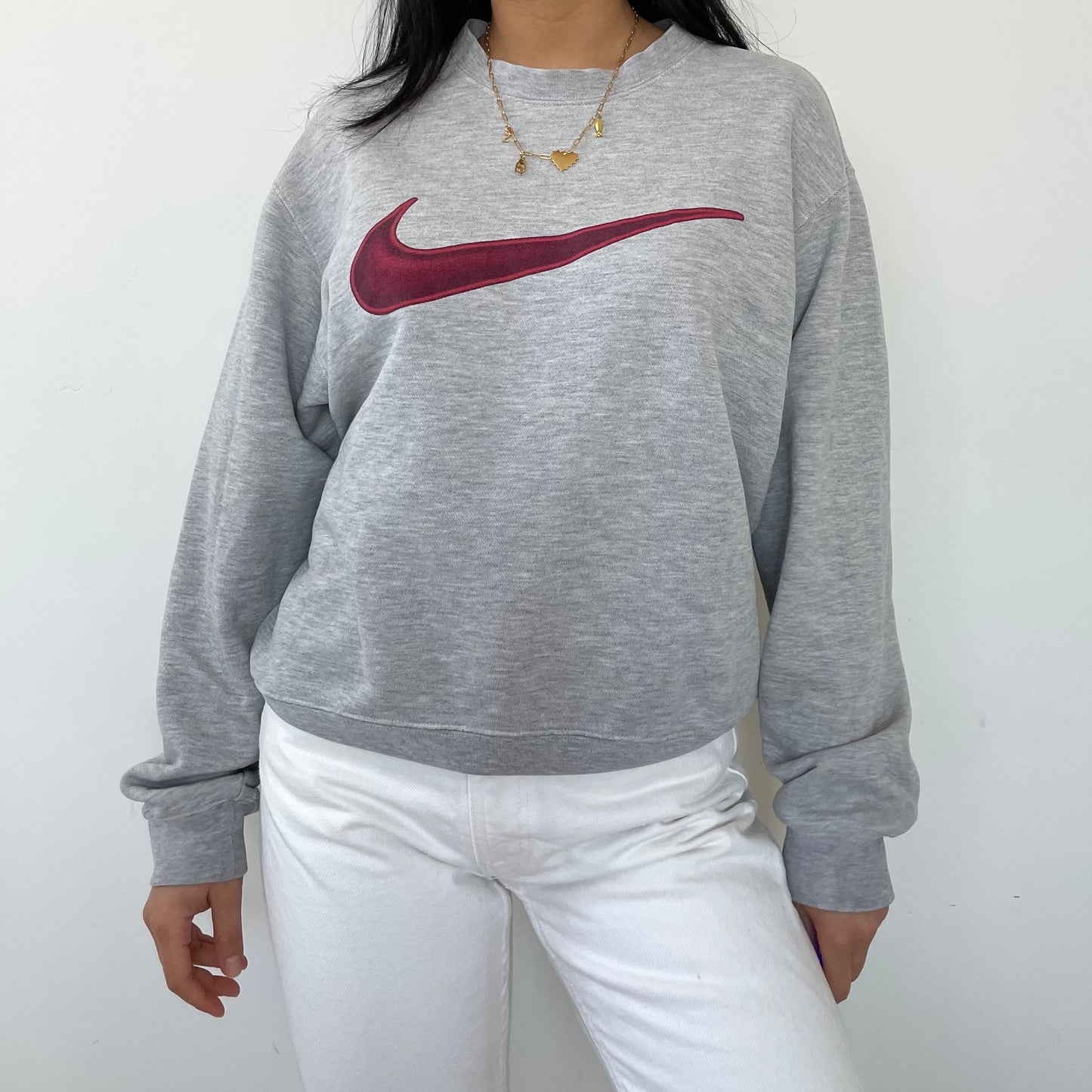 Vintage 90s Nike Grey Crewneck Sweatshirt Burgundy Swoosh - Small