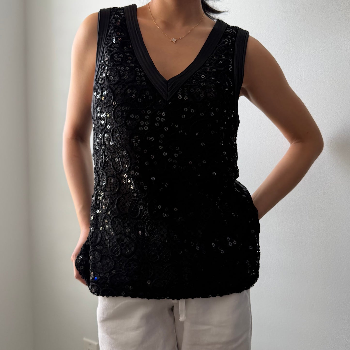 Ness Black Sequin Lace Tank - X-Large
