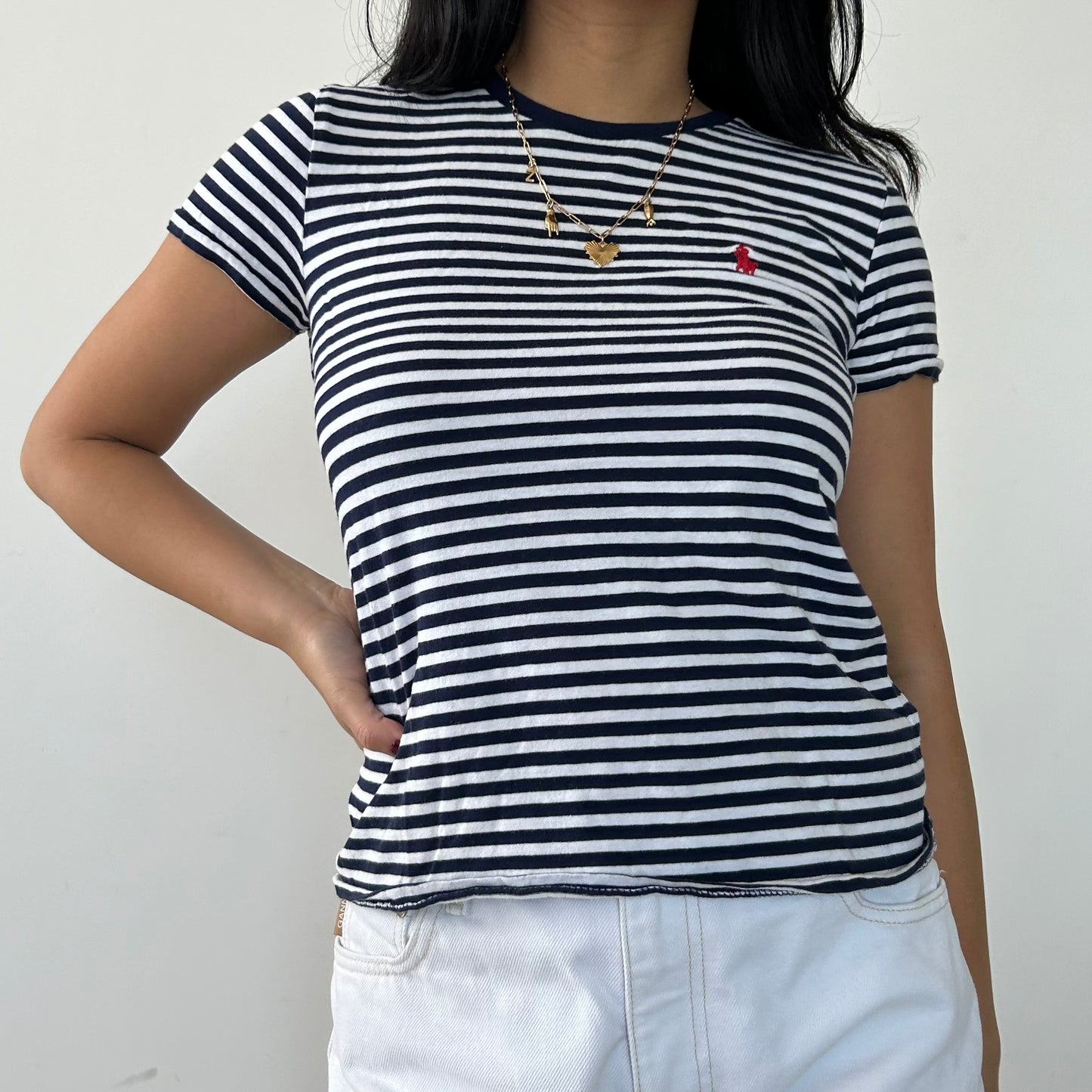 Polo Ralph Lauren Navy and White Striped Short Sleeve Tee - X-Small