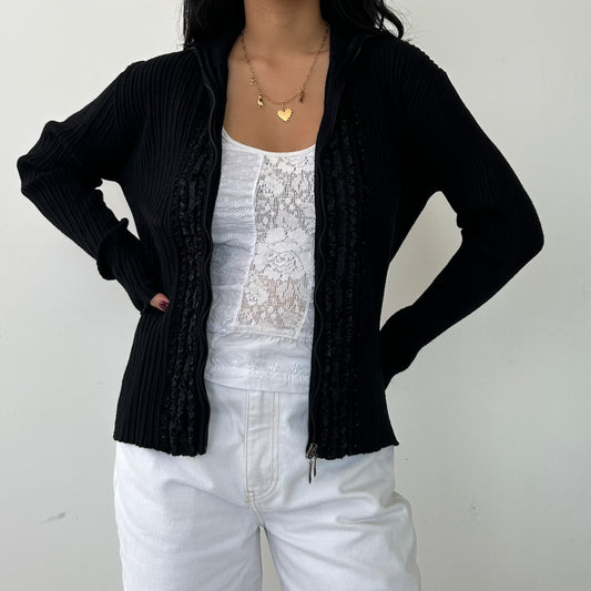 Black Double Zip Ribbed Knit Jacket - Large