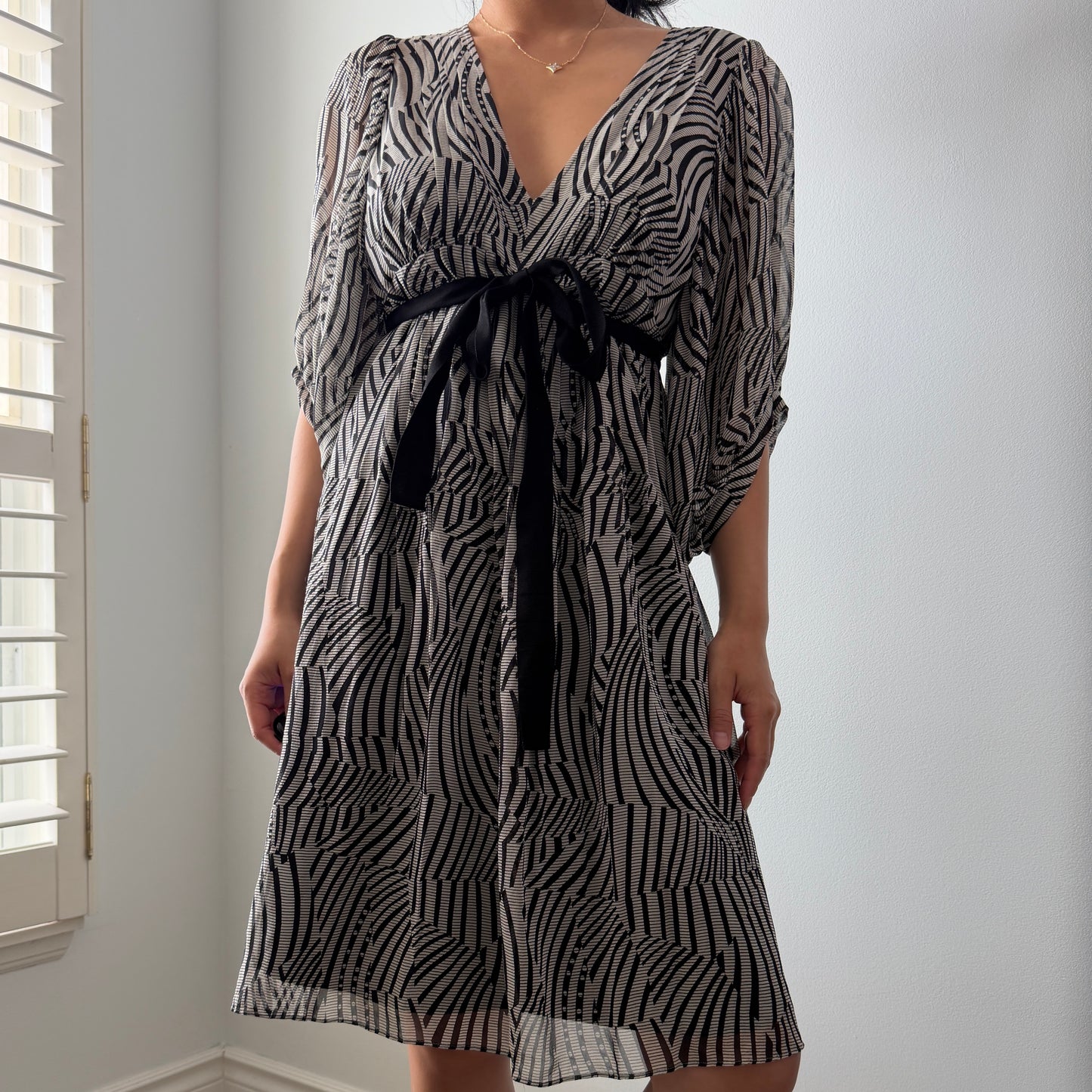 Ted Baker Zebra Print Long Sleeve Tie Waist Silk Dress - Medium