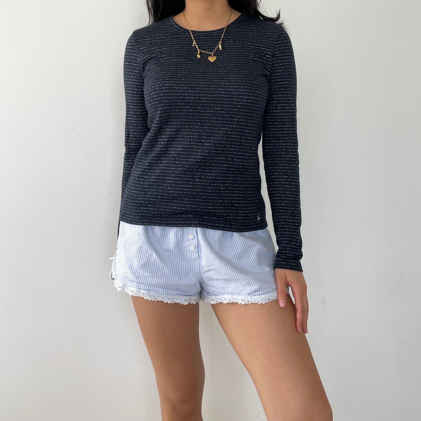 Jack Wills Navy and Silver Metallic Striped Long Sleeve Top - Small