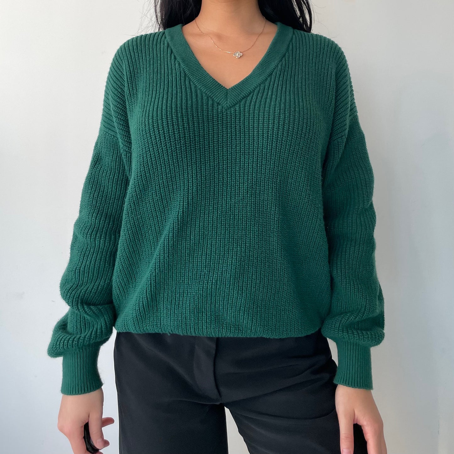 TNA Forest Green V-Neck Chunky Ribbed Knit Jumper - Medium