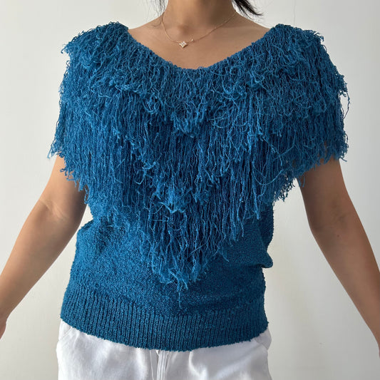 1980s Made in USA French Rags Blue Fringe Short Sleeve Blouse - Small