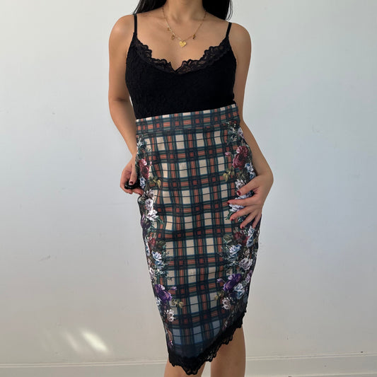 BNWT Old Label Zara Floral Panel Tartan Lace-Trim Midi Dress - Medium