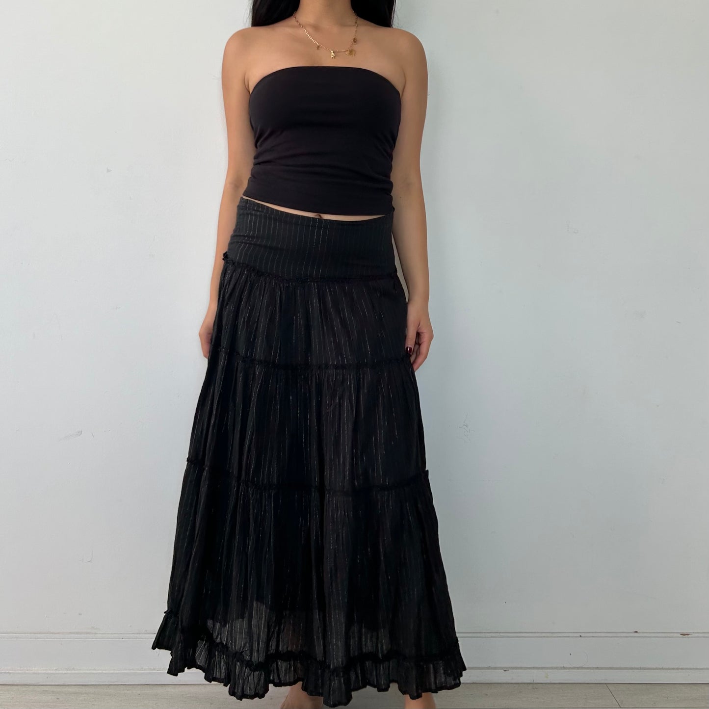 Black and Silver Pinstripe Tiered Maxi Skirt - Medium