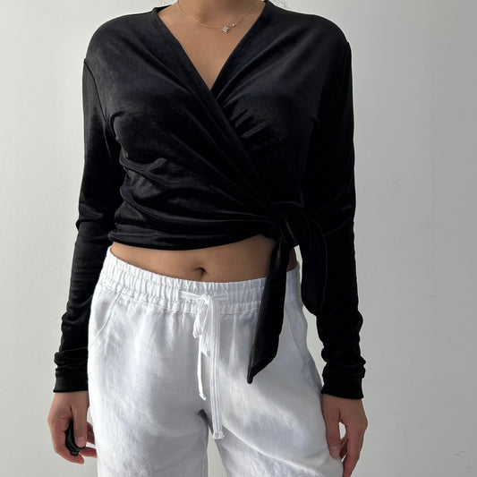 Sisley Black Velvet Long Sleeve Wrap Top - Small